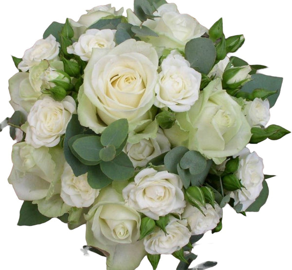 Buchet de mireasa cu trandafiri si minirose albe