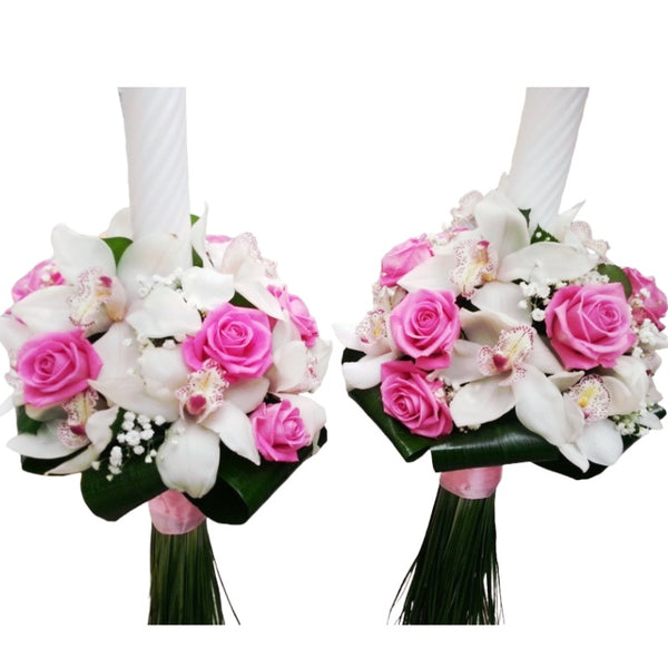 Lumanari nunta cu orhidee cymbidium si trandafiri roz