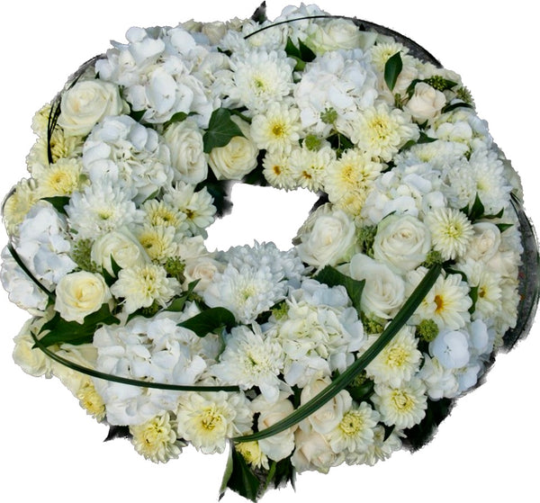 Coroana funerara rotunda din trandafiri, crizantema, hortensie