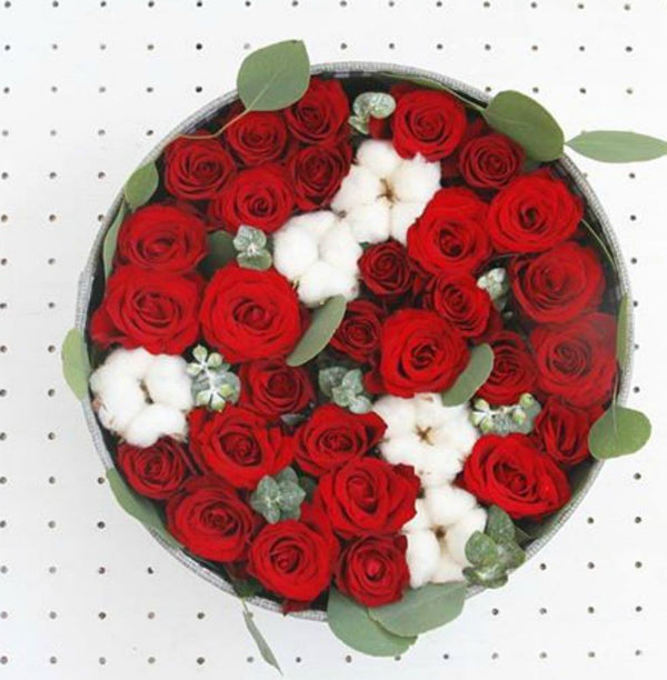 Trandafiri rosii in cutie rotunda - pasiune si prosperitate