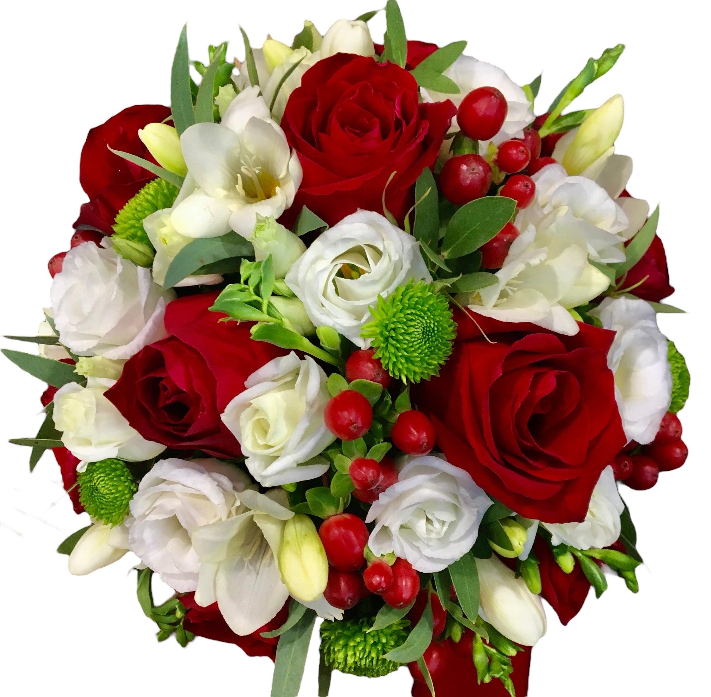 Buchet mireasa trandafiri rosii si santini