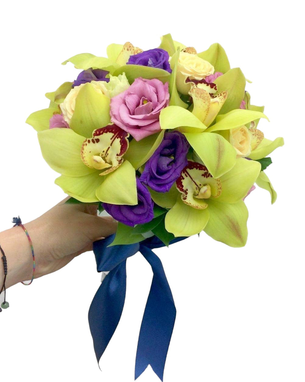 Buchet mireasa orhidee cymbidium verde si lisianthus