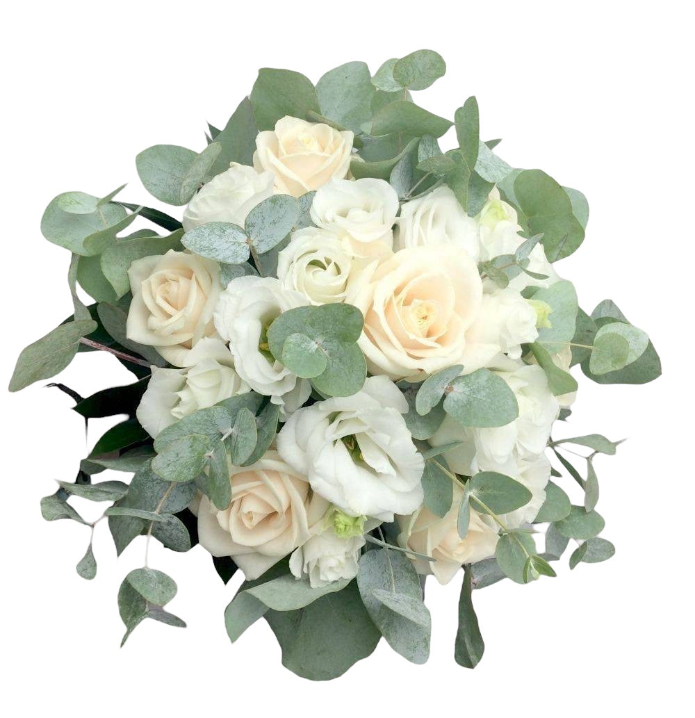 Buchet mireasa trandafiri crem si lisianthus