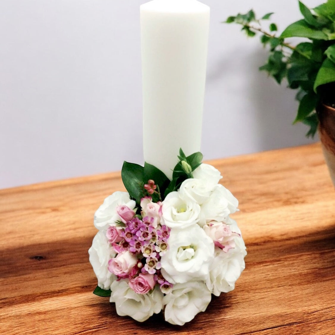Baptism candle for girls, white lisianthus and pink mini roses