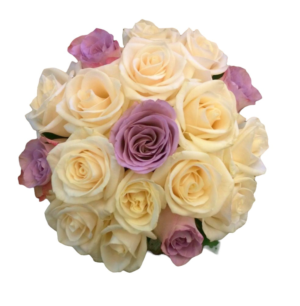 Buchet mireasa trandafiri crem si mov