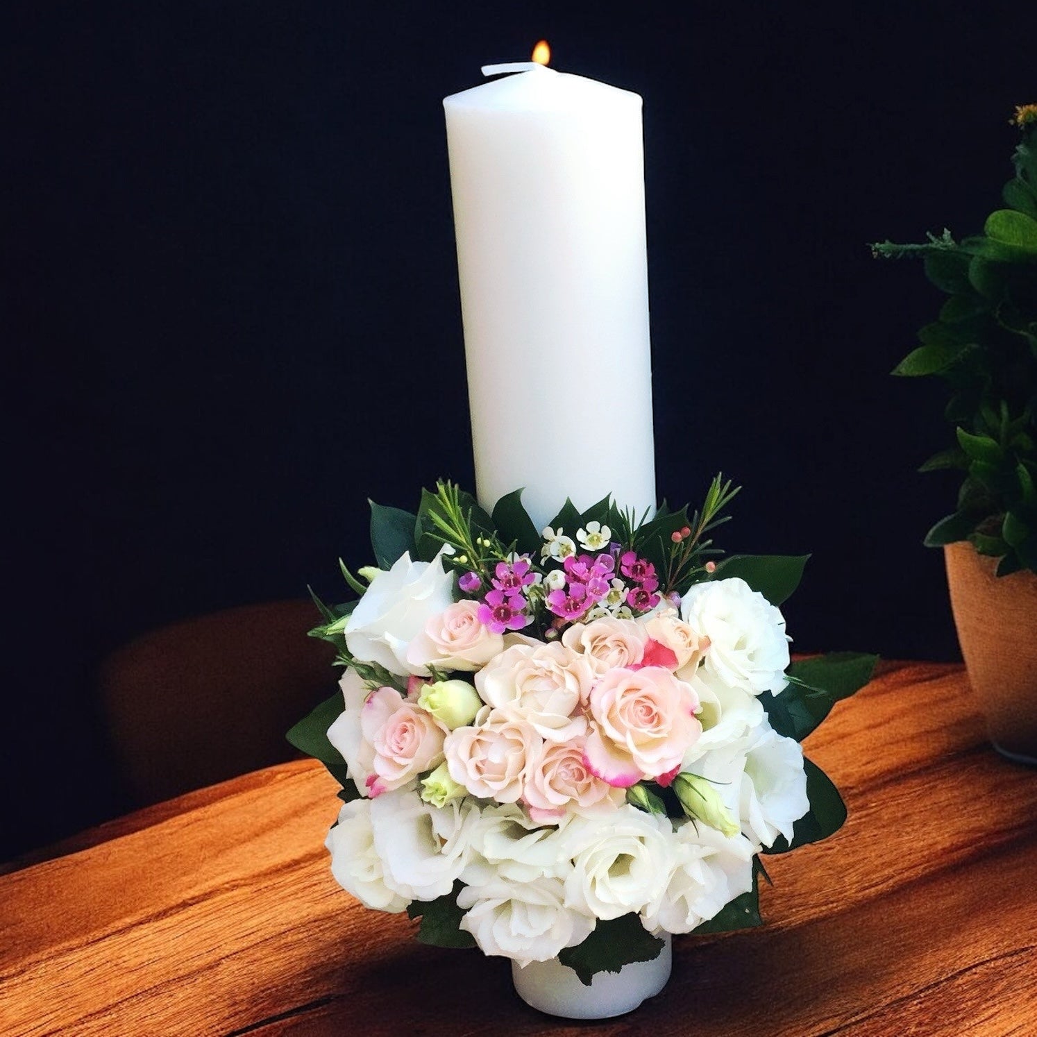 Baptism candle for girls, white lisianthus and pink mini roses