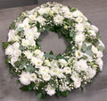 Coroana funerara rotunda cu flori albe
