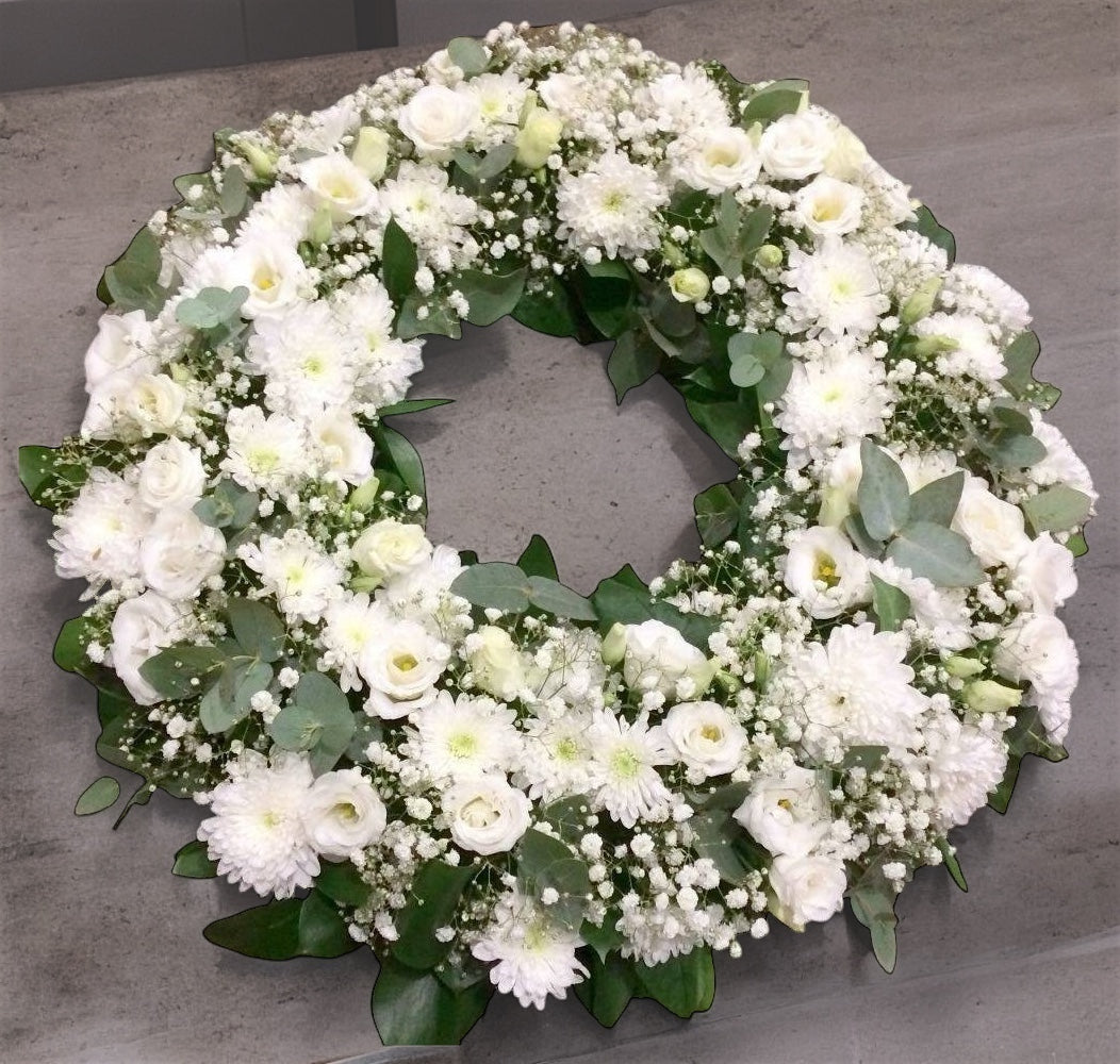 Coroana funerara rotunda cu flori albe