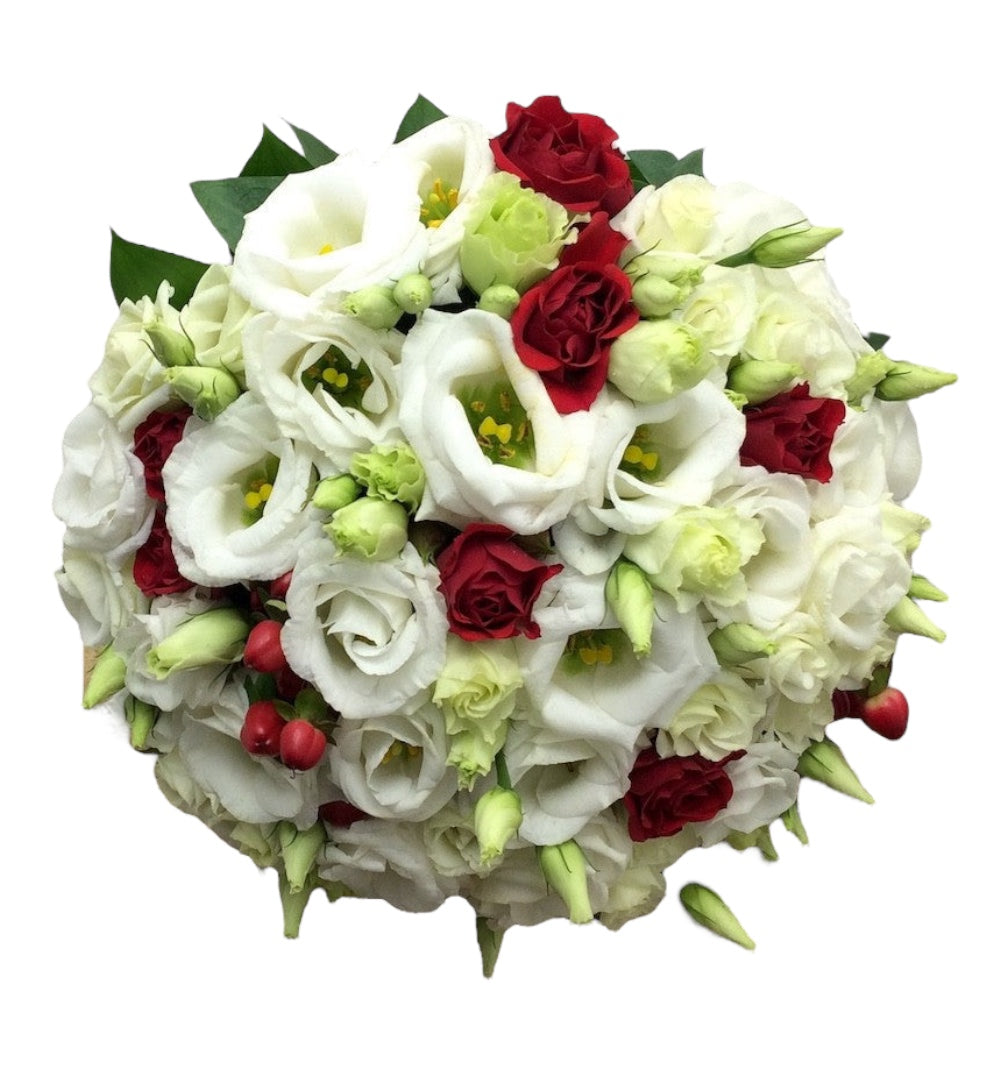 Buchet cununie minirose rosii si lisianthus alb