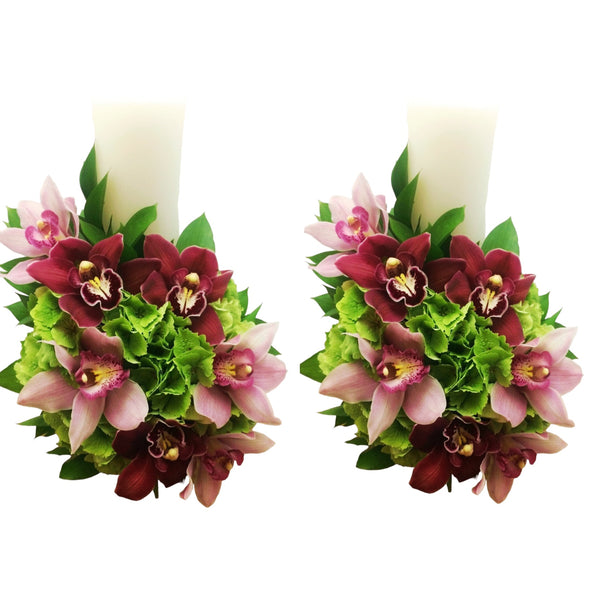 Short hydrangea and cymbidium orchid wedding candles