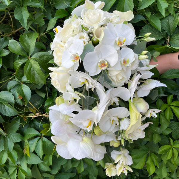 Buchet de mireasa curgator cu trandafiri, orhidee phalaenopsis si lisianthus