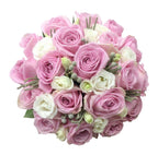 Buchet de mireasa cu trandafiri roz, brunia si lisianthus