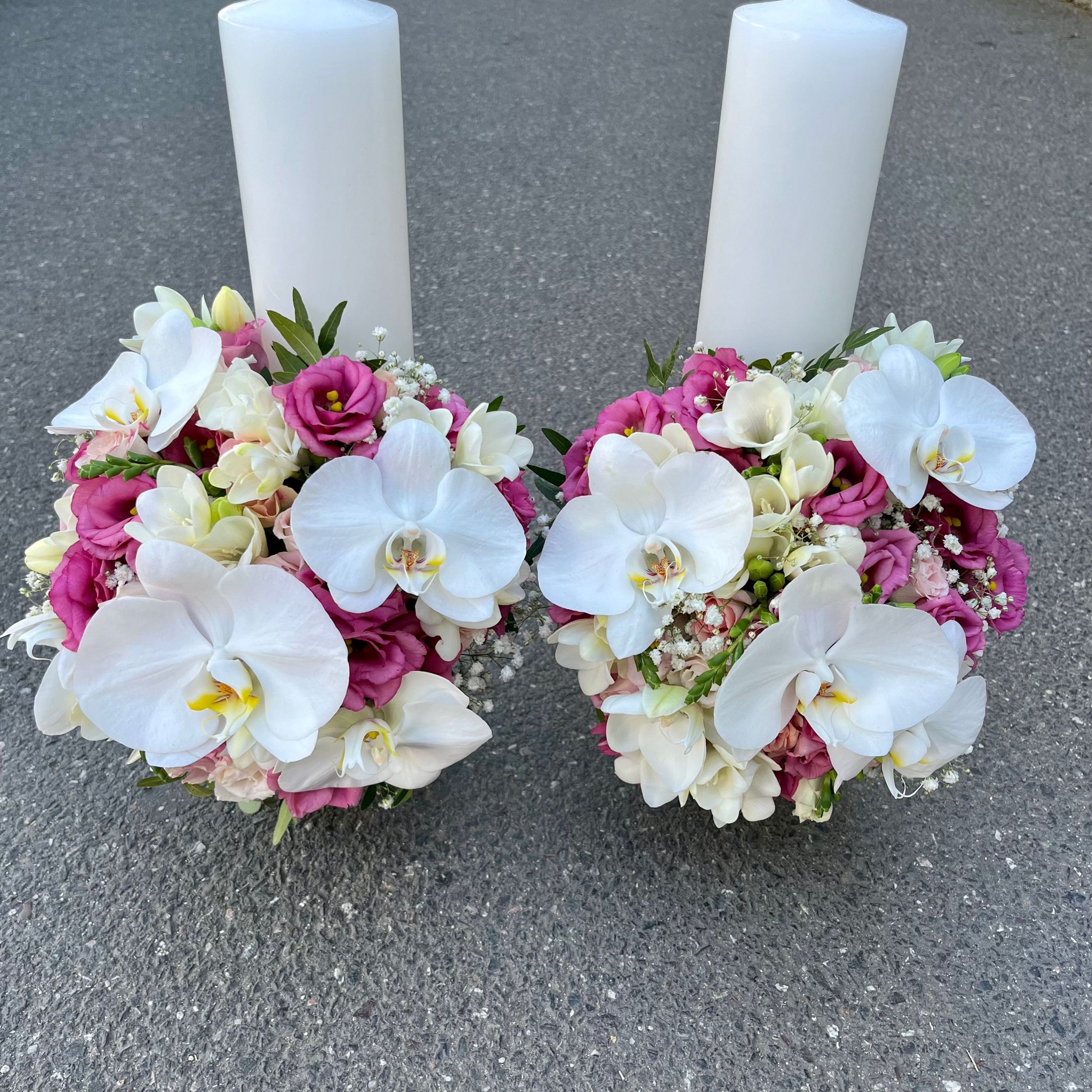 Lumanari cununie scurte lisianthus si orhidee