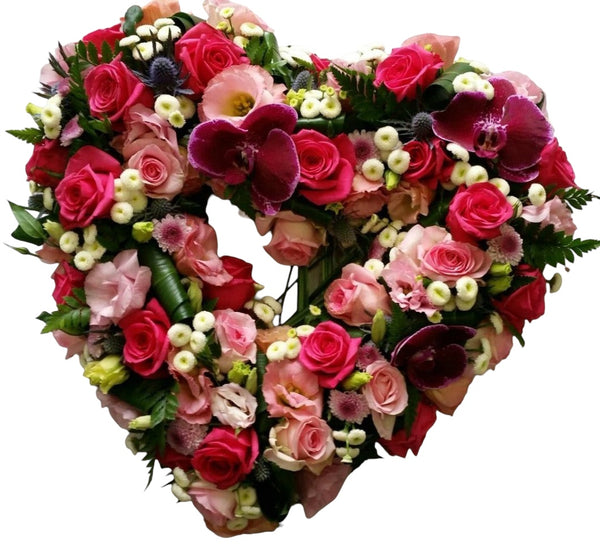 Heart-shaped funeral arrangement - lisianthus, roses, phalaenopsis