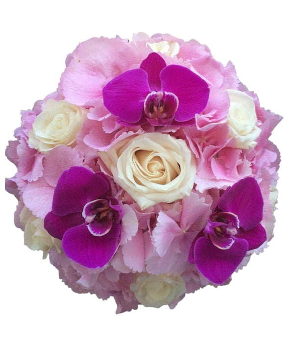 Buchet de mireasa din hortensii roz si phalaenopsis