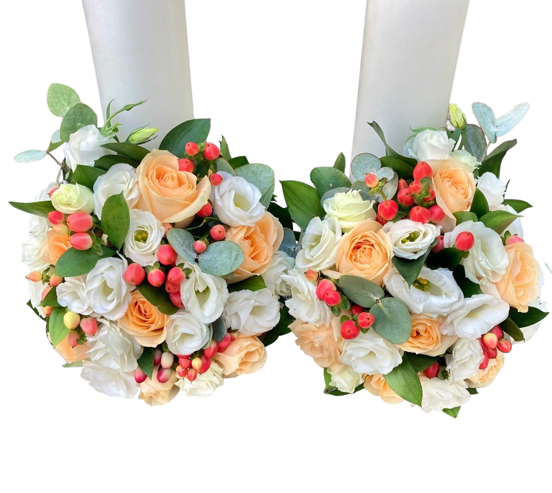 Lumanari cununie scurte trandafiri peach si hypericum