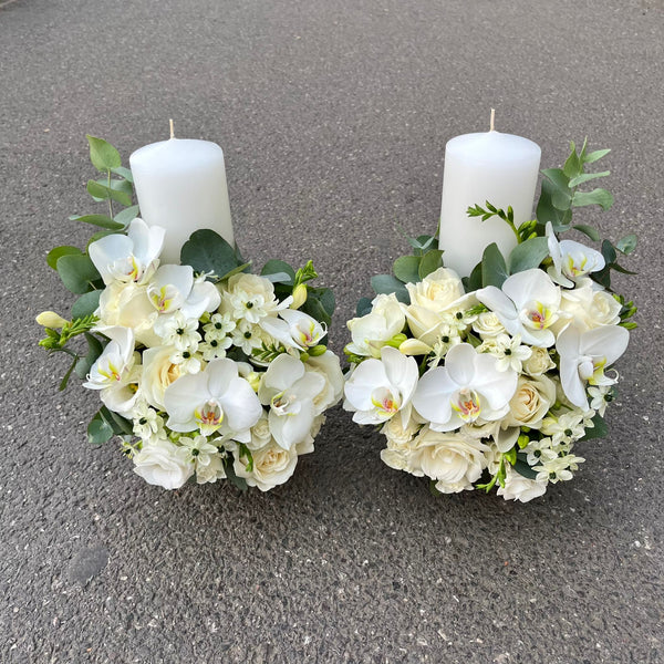 Short wedding candles roses, ornithogalum, mini roses, freesias and orchids