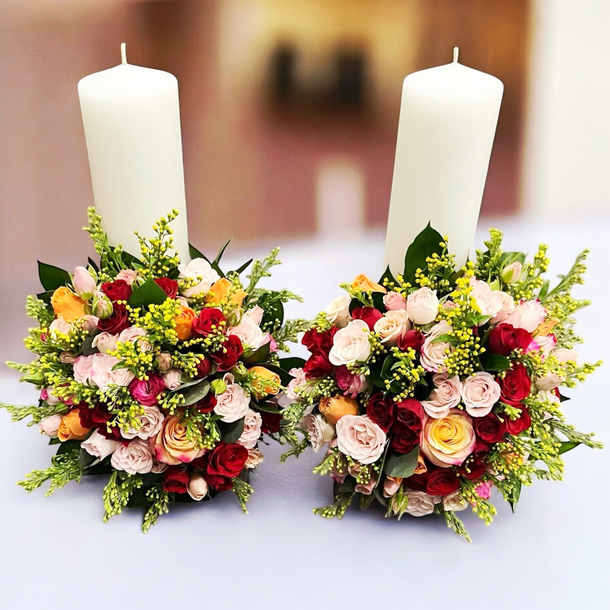 Lumanari nunta scurte minirose si trandafiri