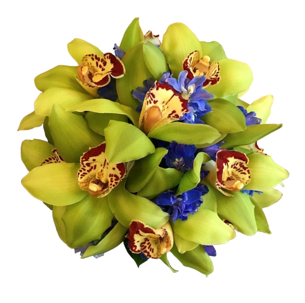 Buchet mireasa rotund cu orhidee cymbidium si delphinium