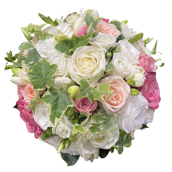 Bridal bouquet pink roses and lisianthus