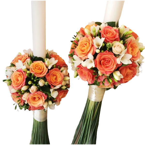 Wedding candles with roses, mini roses and freesias