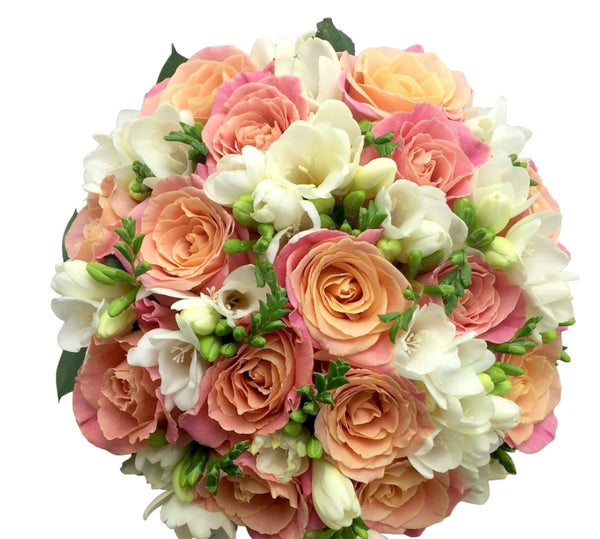 Bridal bouquet with miss piggy roses and white freesias