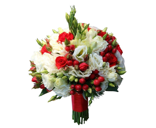 Bridal bouquet of lisianthus and hypericum