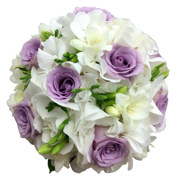 Bridal bouquet of white hydrangea and purple roses