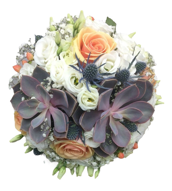 Wedding bouquet with succulent plants and lisianthus