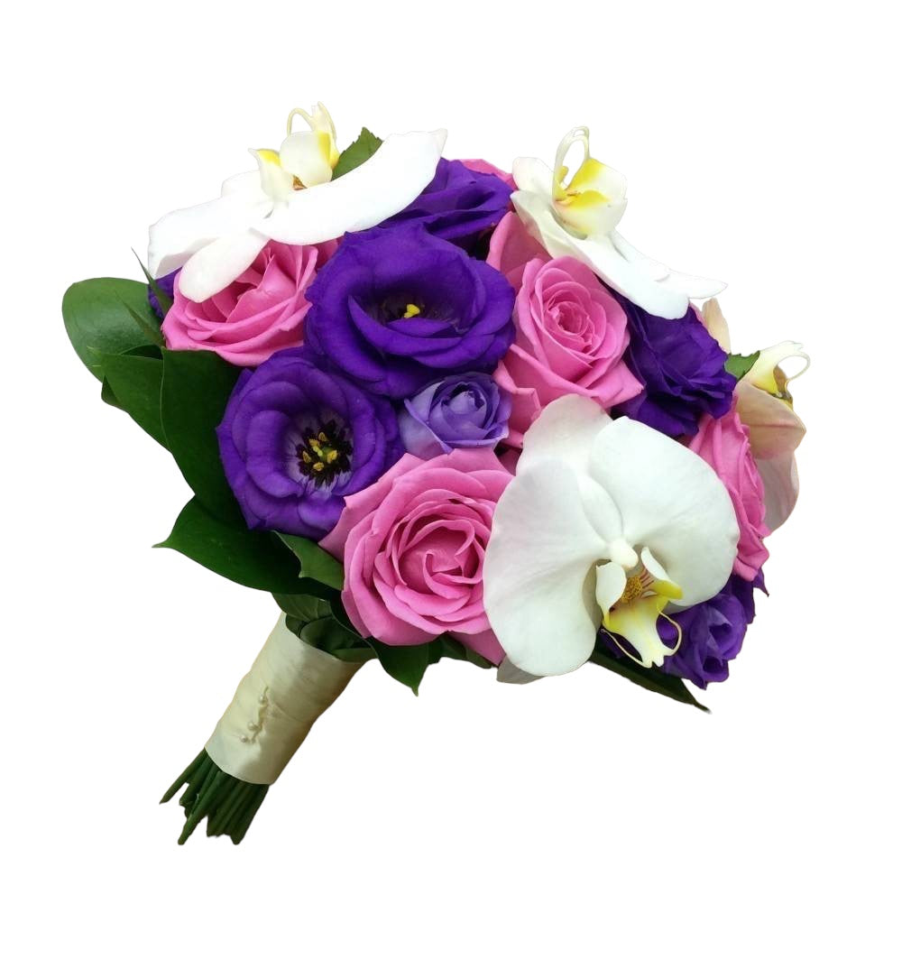 Buchet mireasa orhidee phalaenopsis si lisianthus mov