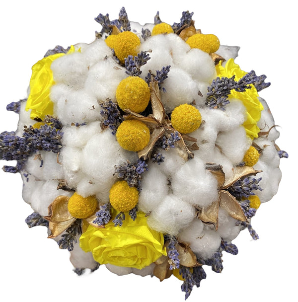 Wedding bouquet cryogenic yellow roses and cotton