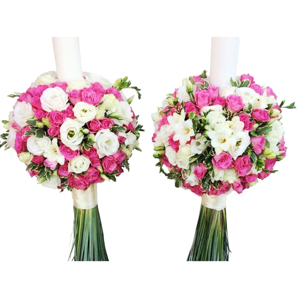 Wedding candles pink mini roses and white lisianthus