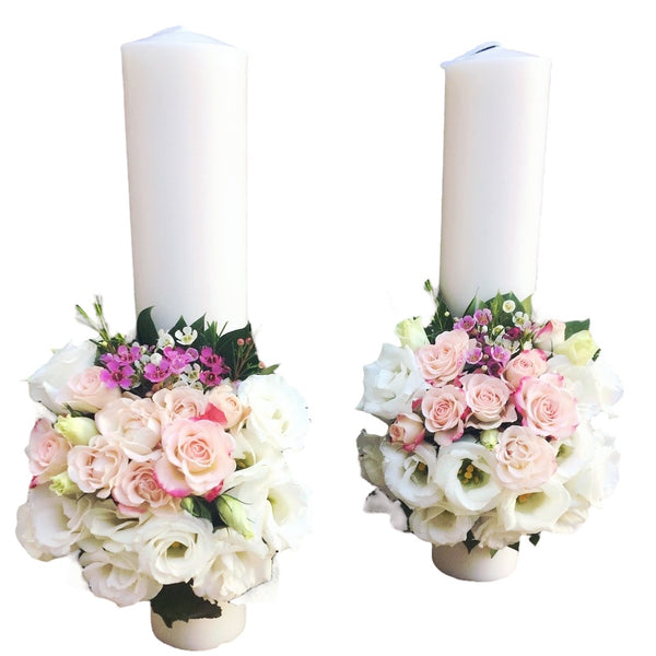 Short white lisianthus wedding candles and wax flowers