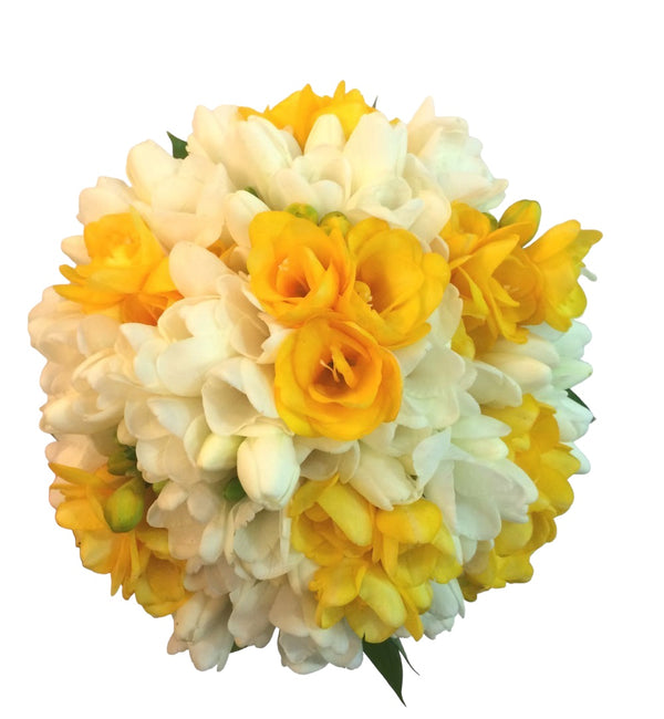 White and yellow freesia wedding bouquet