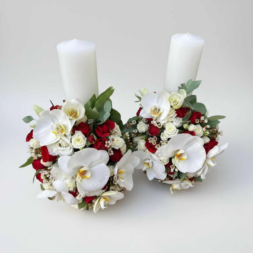 Lumanari nunta scurte minirose si orhidee