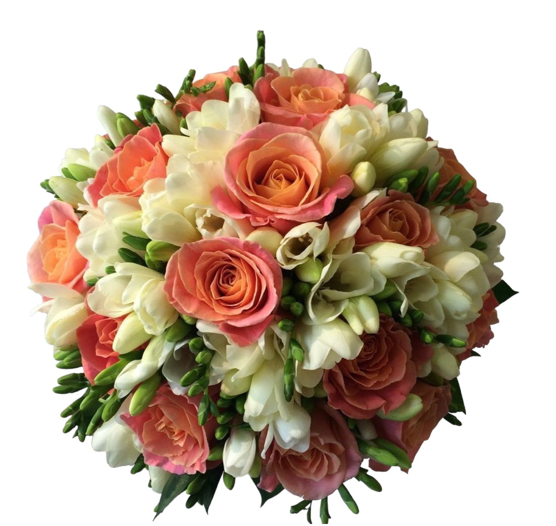 Bridal bouquet with miss piggy roses and white freesias
