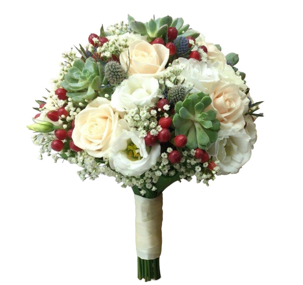 Buchet cununie trandafiri, lisianthus si suculente