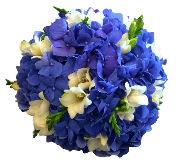 Bridal bouquet with hydrangea and white freesias