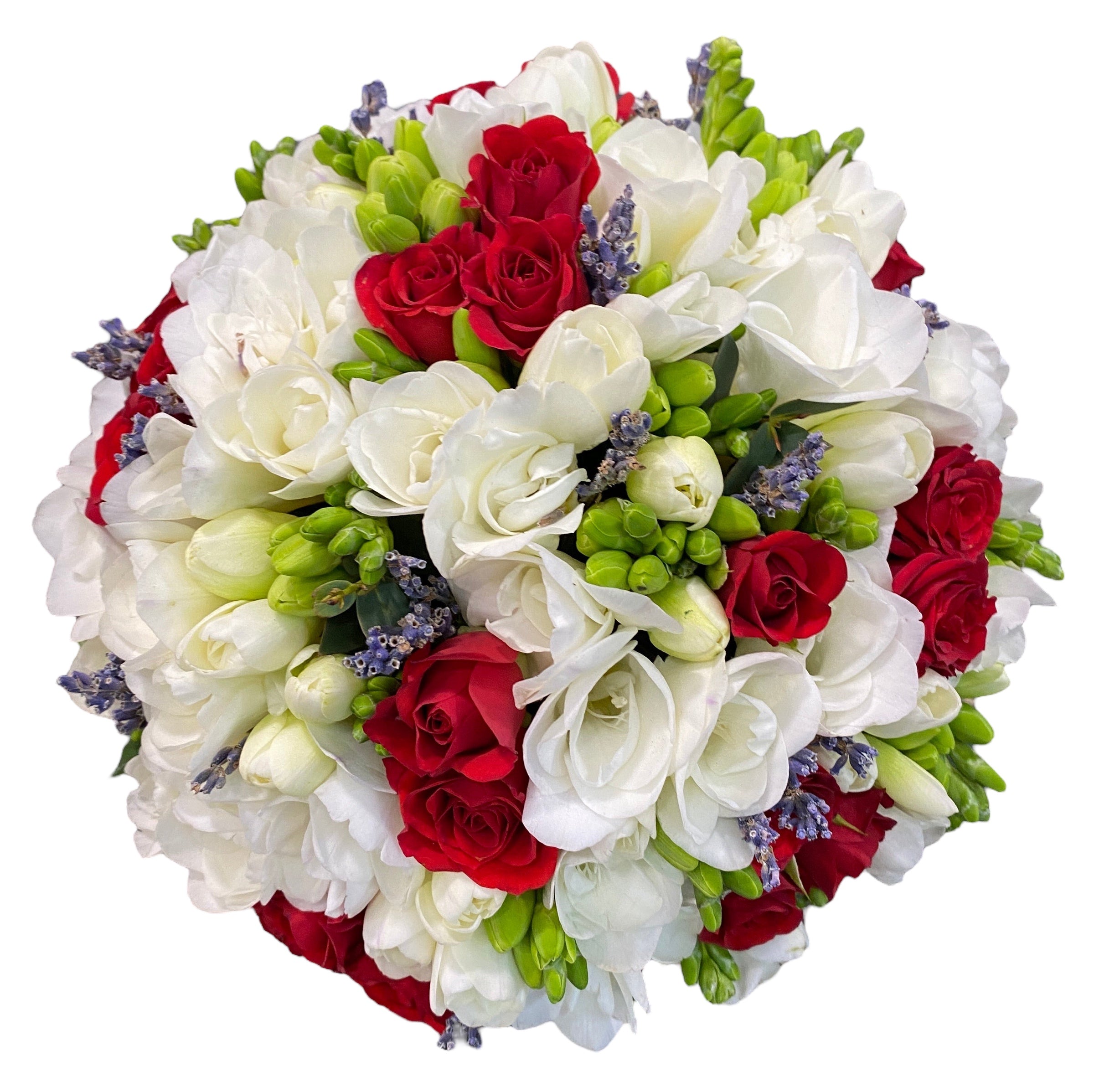 Buchet de cununie minirose rosii si frezii