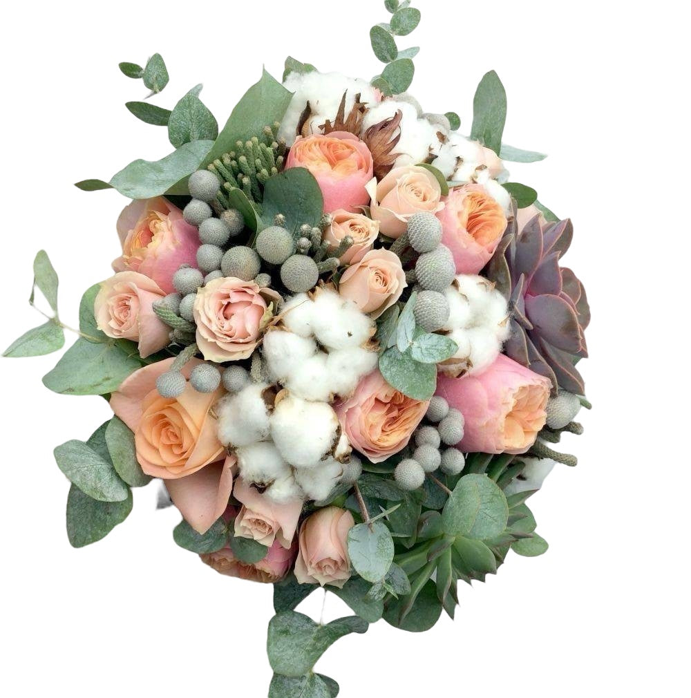 Buchet de mireasa cu miniroze, bumbac si suculente