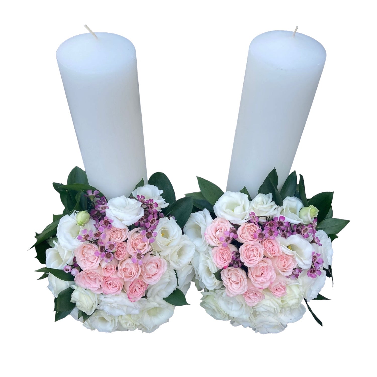 Lumanari cununie scurte lisianthus alb si wax flowers