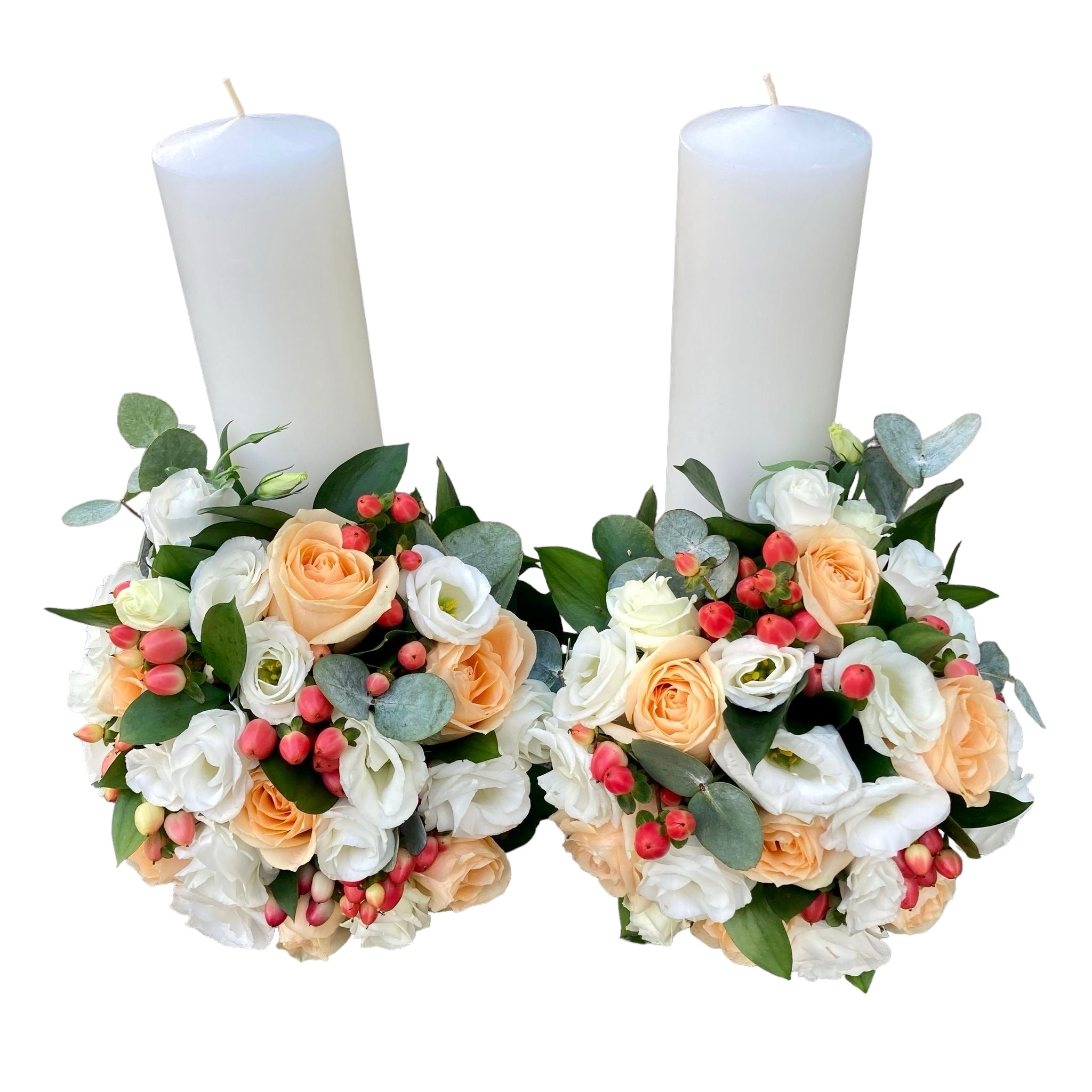Lumanari cununie scurte trandafiri peach si hypericum