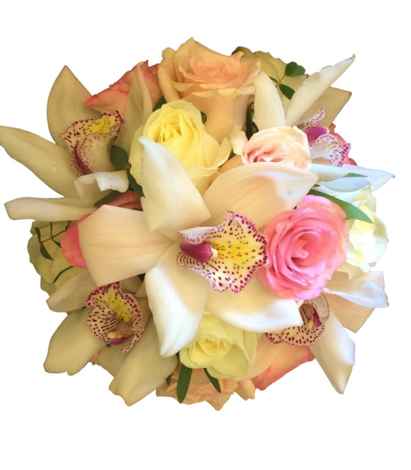 Bridal bouquet of cymbidium orchids and roses