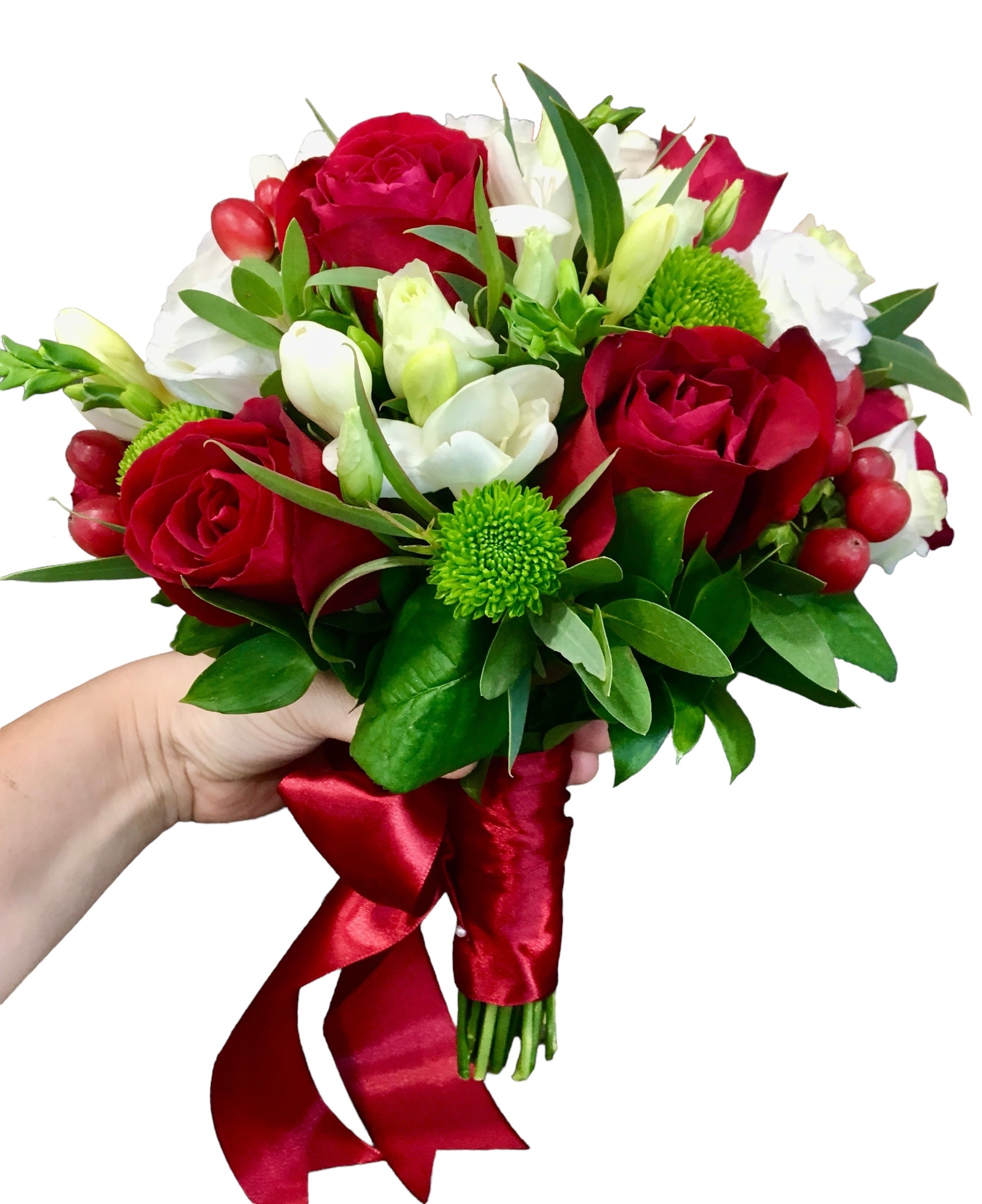 Buchet mireasa trandafiri rosii si santini