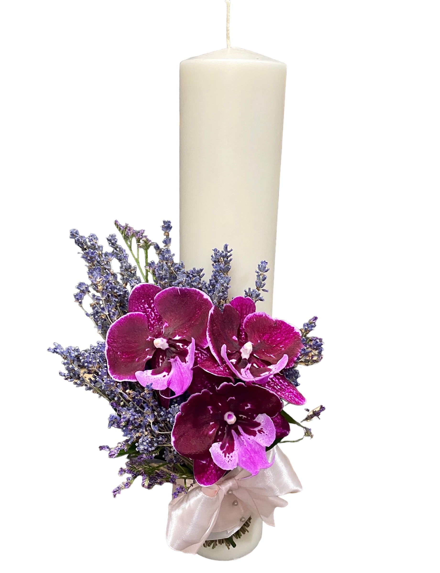 Short orchid and lavender baptism candle