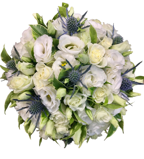 Bridal bouquet of mini roses, lisianthus and eryngium