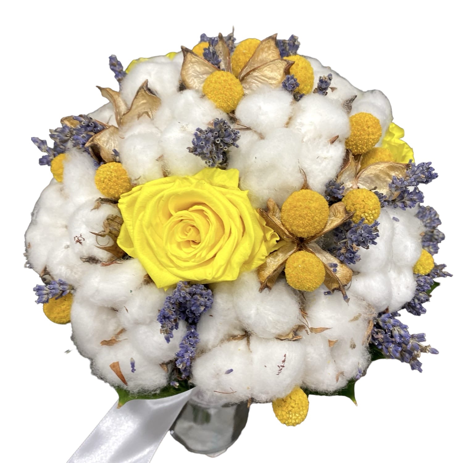 Buchet cununie trandafiri criogenati galbeni si bumbac