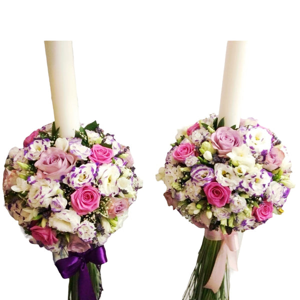 Roses, lisianthus and lavender wedding candles