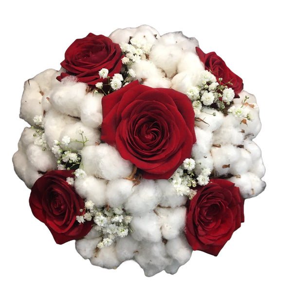 Red wedding bouquet with cotton