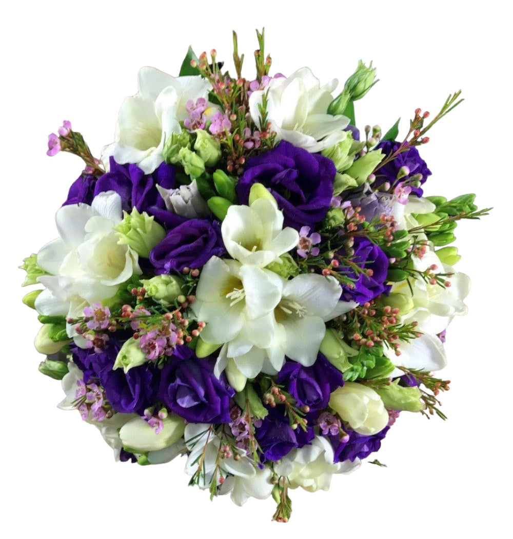 Bridal bouquet of purple lisianthus and freesias